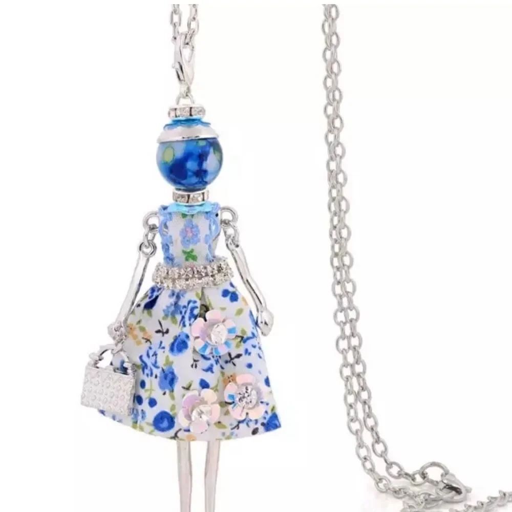 Boutique Fashionista Doll Statement Necklace – Blue Floral Dress Rhinestones